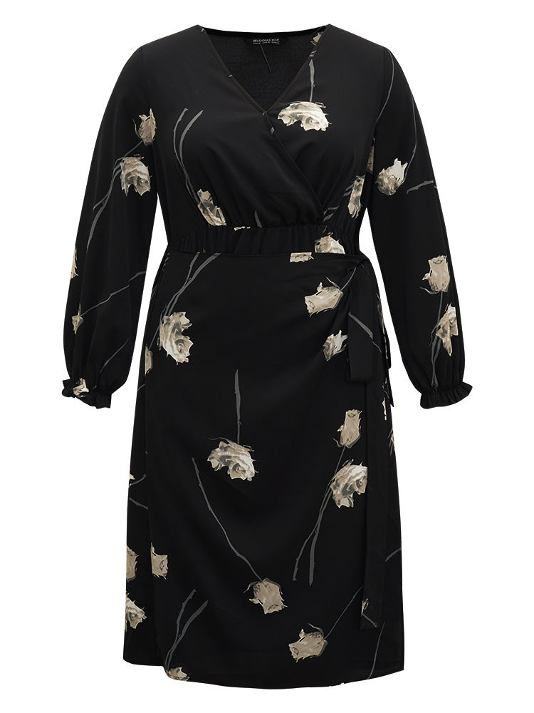 Geometric Wrap Ties Lantern Sleeve Dress