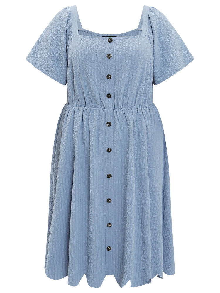 Plain Textured Ruffle Sleeve Pocket Scalloped Trim Dress