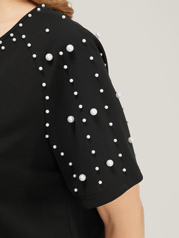 Solid Raglan Sleeve Pearl Beaded T-shirt
