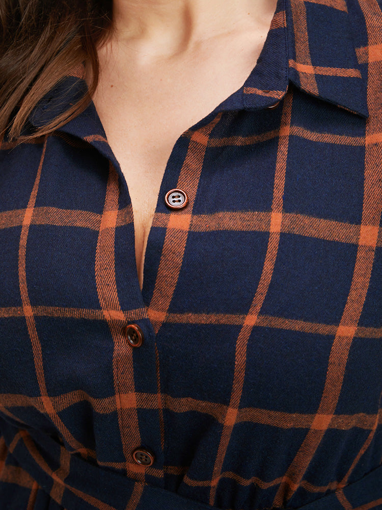 Plaid Button Up Pocket Lantern Sleeve Belted Shirt Collar Dress