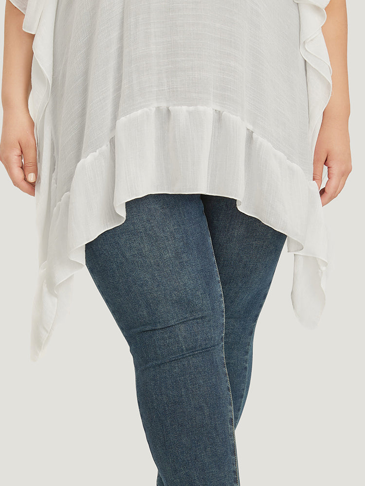 Solid Ruffle Trim Dolman Sleeve Lace Asymmetrical Hem Knit Top