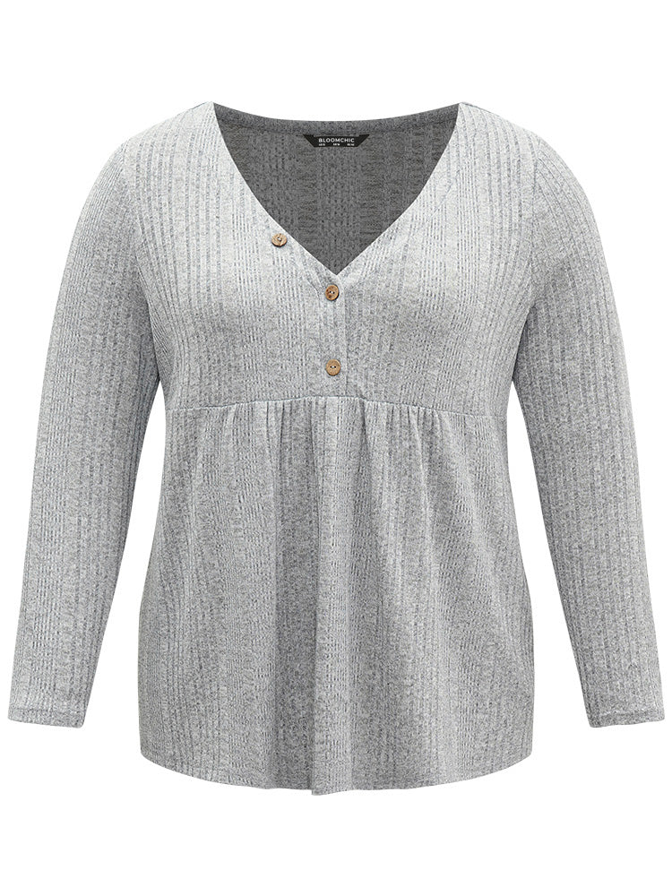V Neck Texture Button Up Rib Knit T-shirt