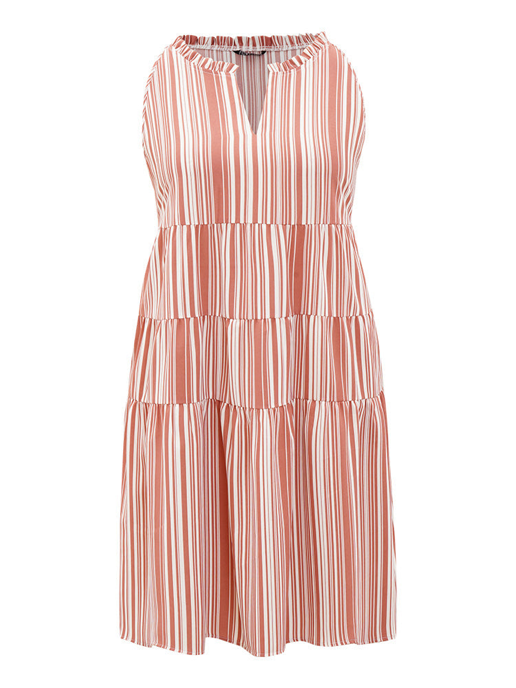 Striped Pocket Notched Ruffle Layered Hem Dress