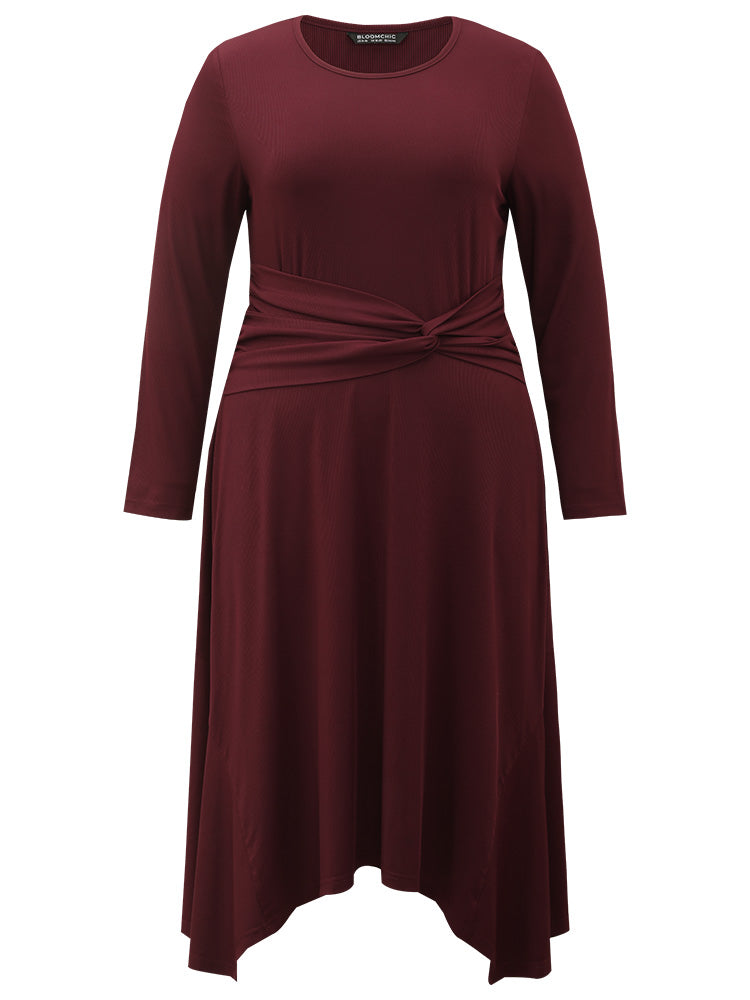 Solid Rib Knit Crew Neck Twist Front Dress