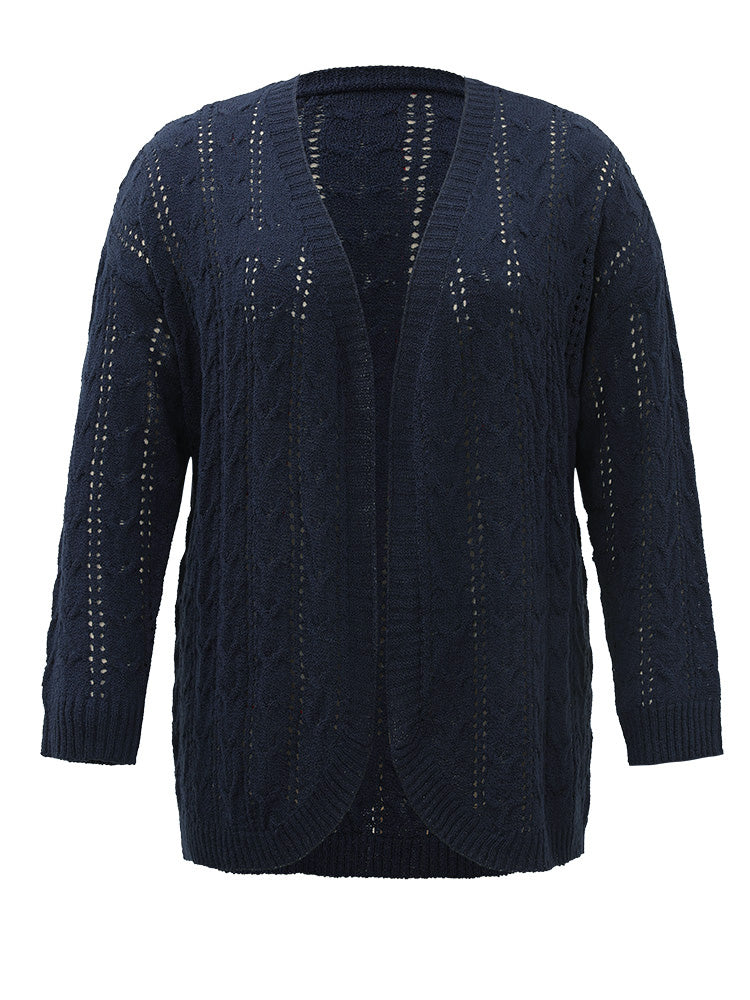 Plain Eyelet Curved Hem Drop Shoulder Cardigan