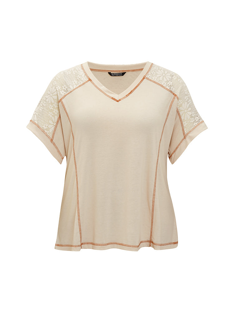 Floral Lace Insert Stitch Trim T-shirt