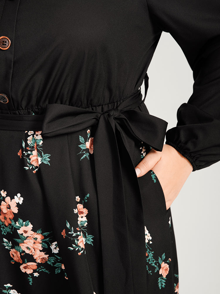 Floral Lantern Sleeve Pocket Belted Wrap Flutter Dress