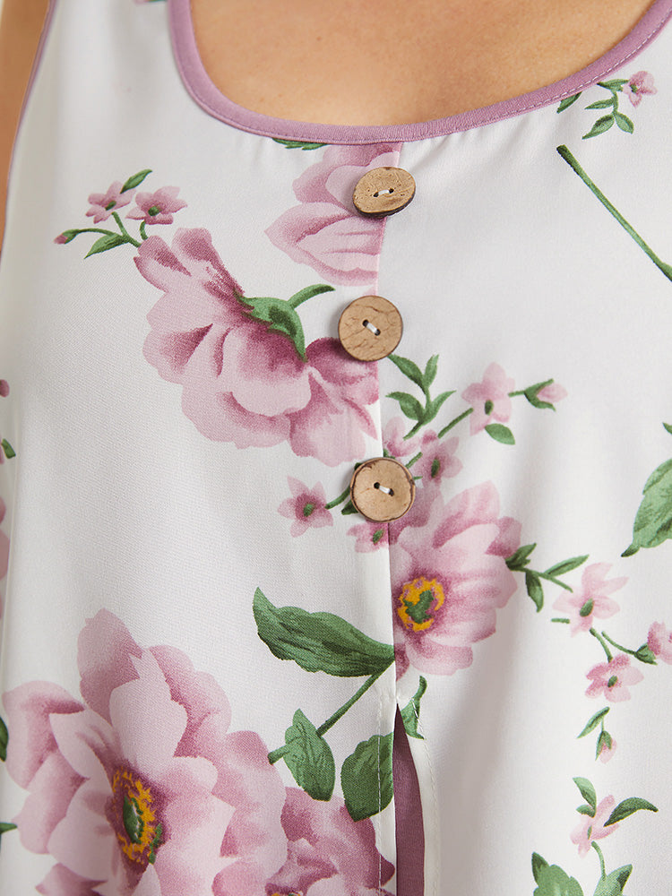 Floral Split Front Button Detail 2-In-1 Tank Top