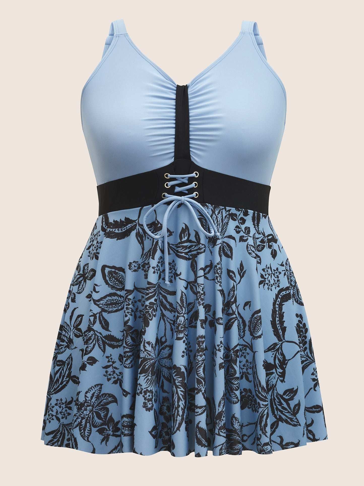 Silhouette Floral Print Ruched Lace Up Swim Dress