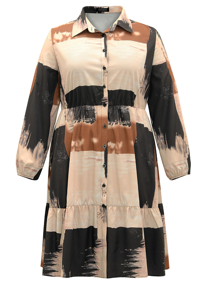 Brush Print Contrast Elastic Waist Button Through Dress