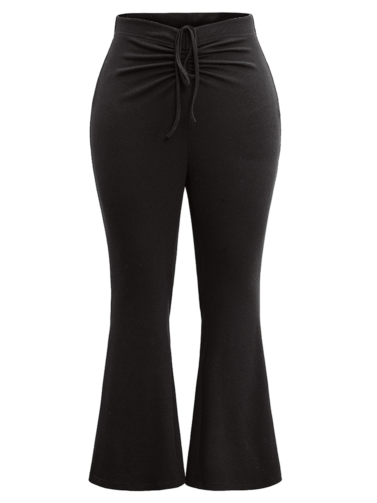Solid Drawstring Ruched Flare Leg Pants