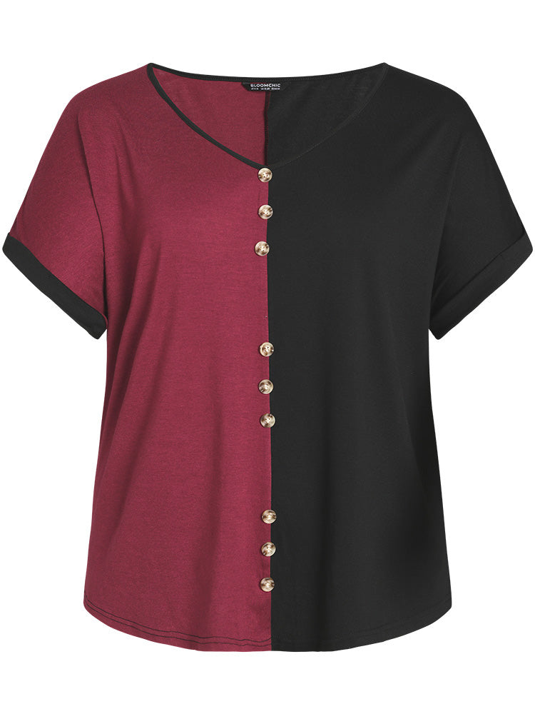Colorblock Contrast Button Detail Roll Batwing Sleeve T-shirt