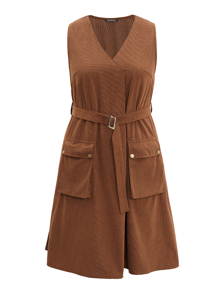 Solid Belted Buckle Detail Flap Pocket Sleeveless Dress