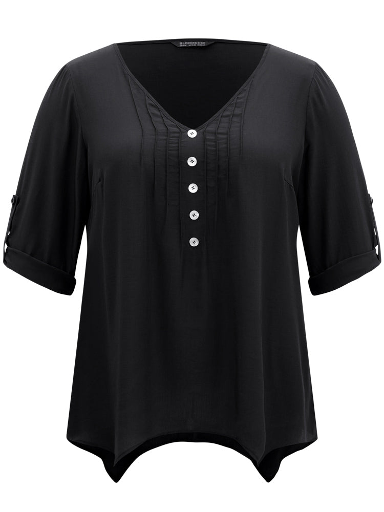 Solid Button Detail Pleated Hanky Hem Blouse