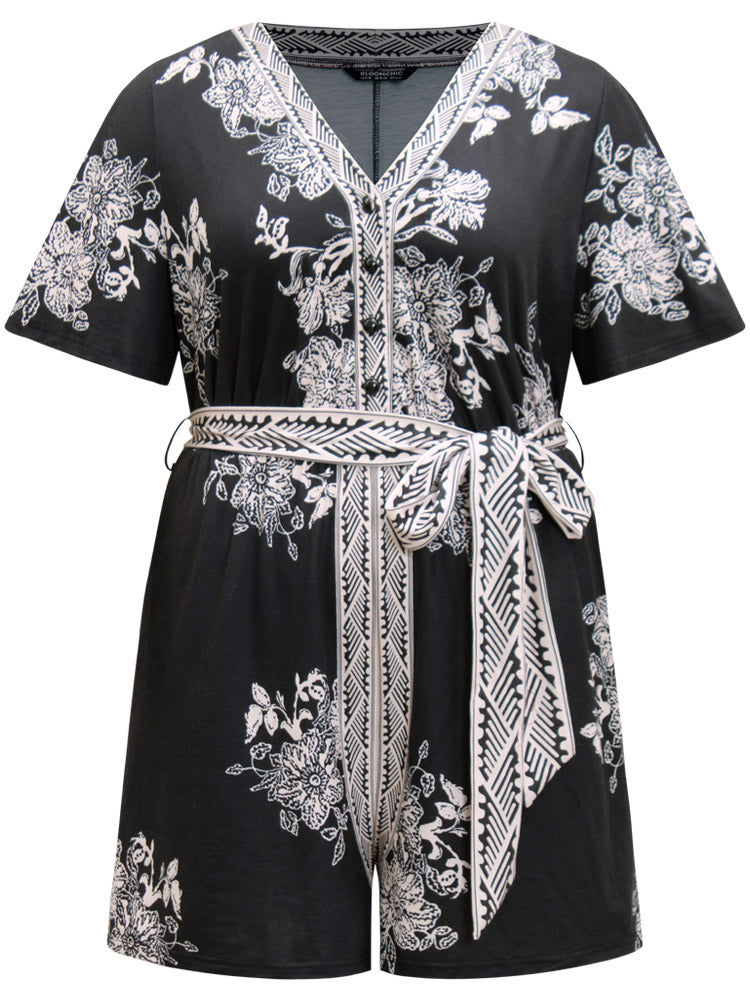 Floral Pocket Button Down Belted Sleep Romper