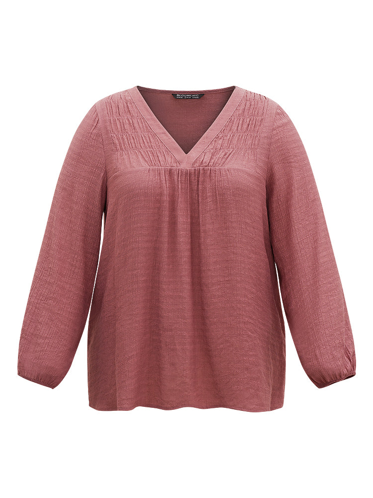 Plain Gathered Texture Lantern Sleeve Blouse