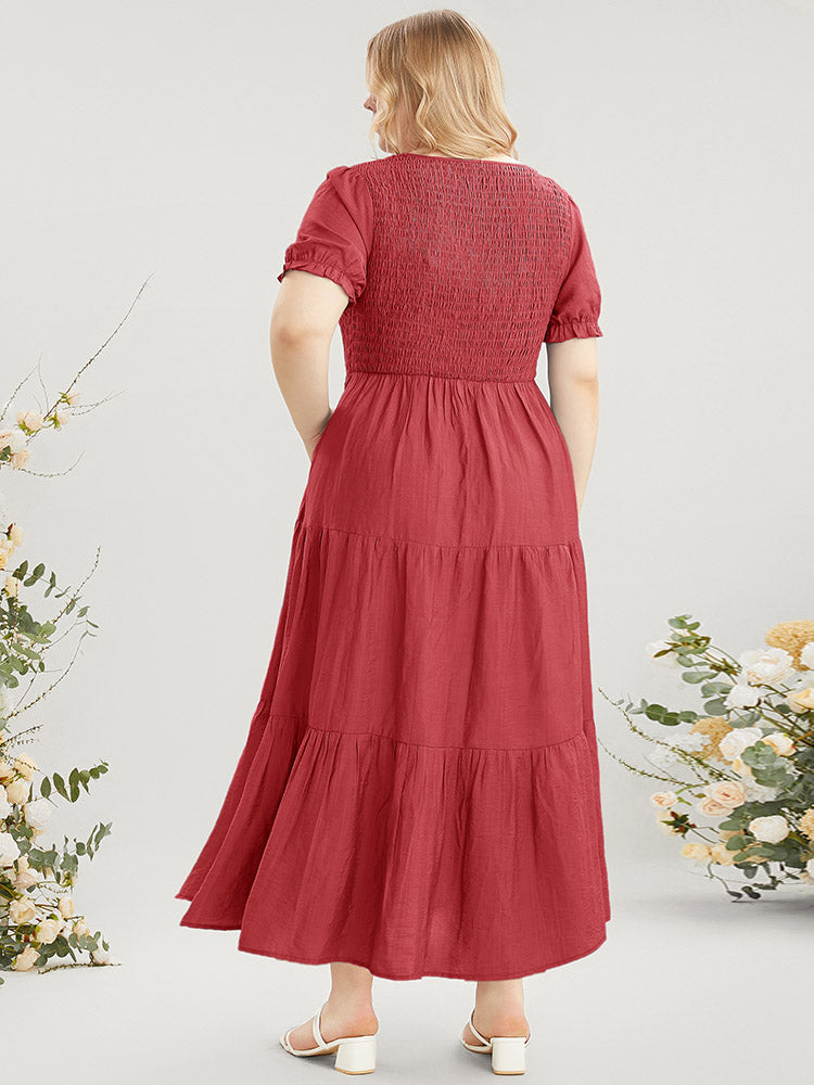 Plain Shirred Pocket Puff Sleeve Ruffle Tiered Dress