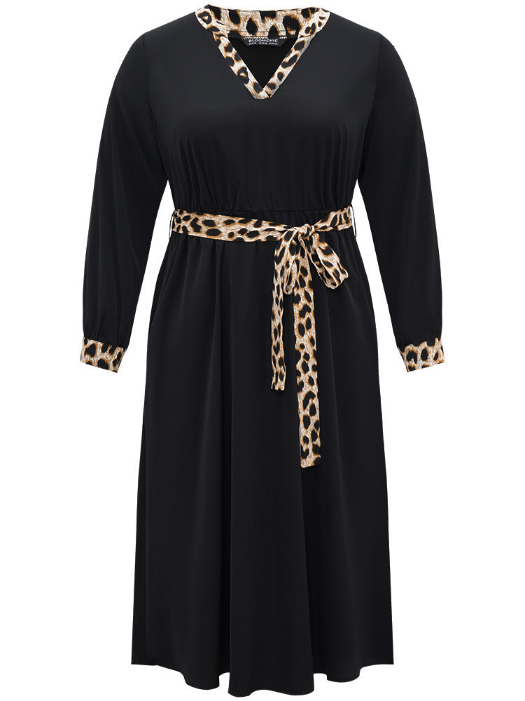 Leopard Patchwork Pocket Belted Notched Dress