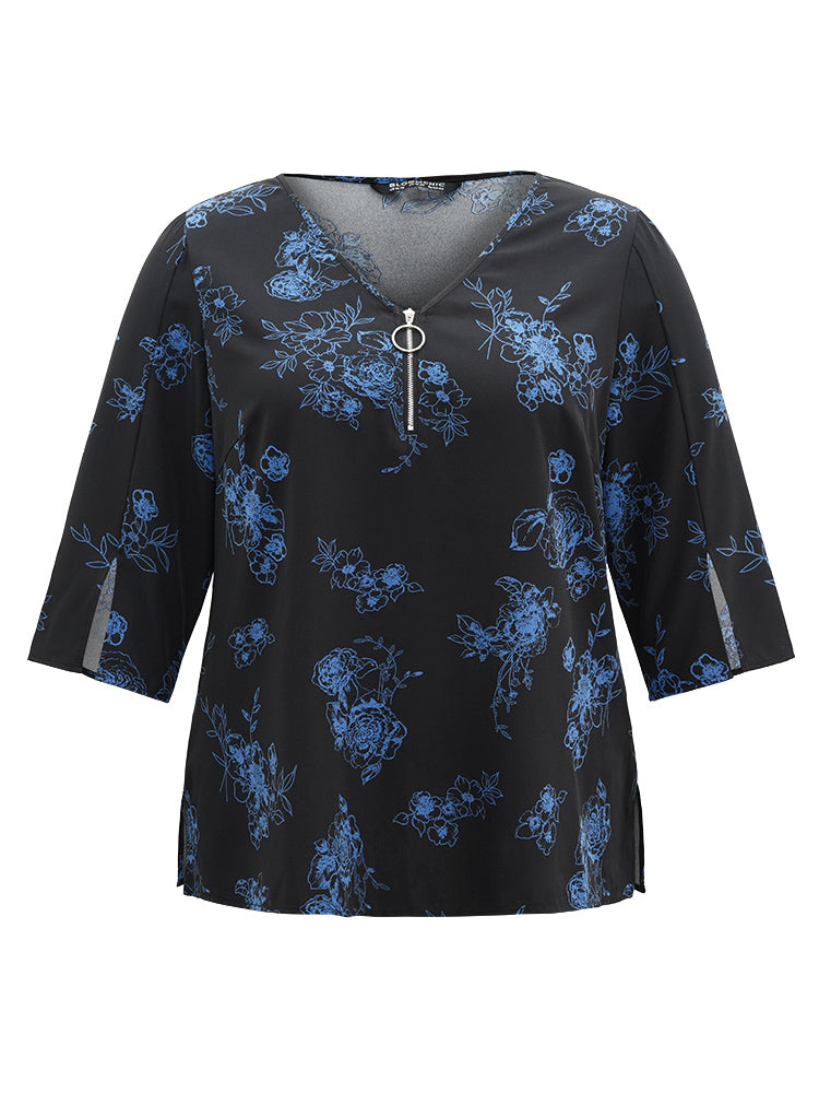 Silhouette Floral Print Half Zip Split Sleeve Blouse