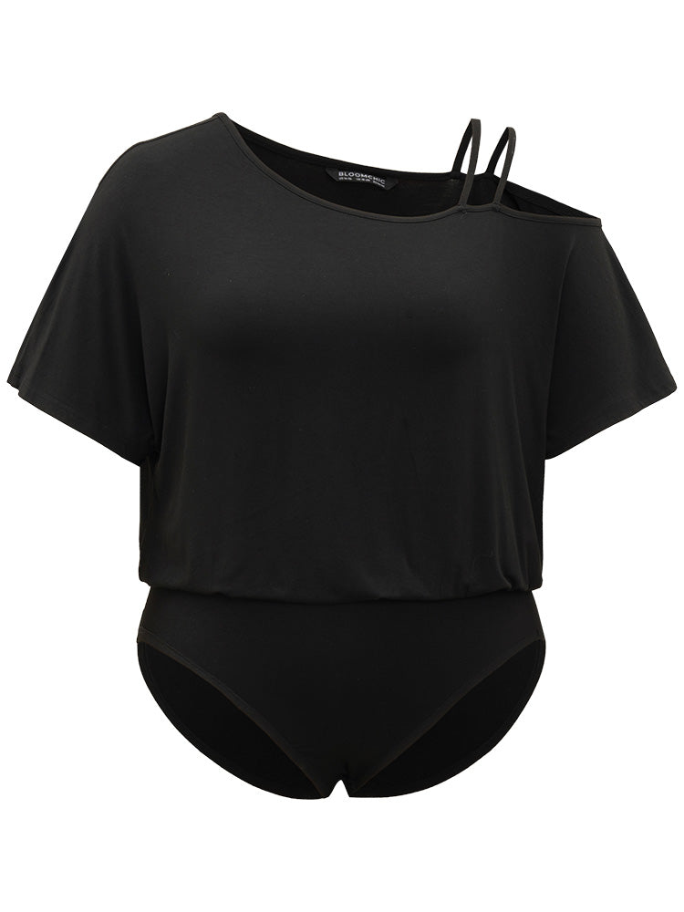Plain One Shoulder Batwing Sleeve Cami Bodysuit