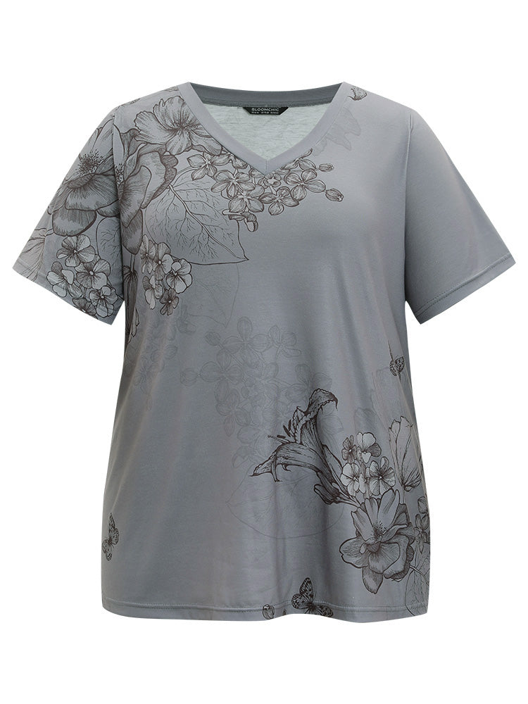 Floral Print V Neck Regular Sleeve T-shirt