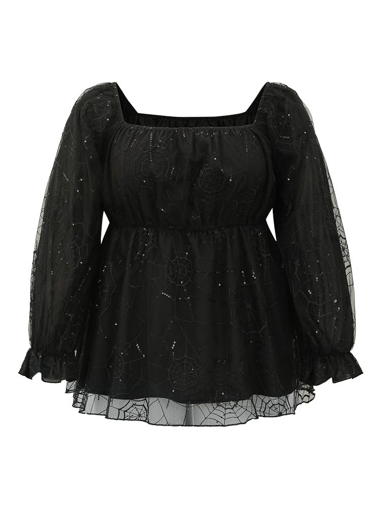 Halloween Square Neck Spider Web Crochet Lace Mesh Blouse