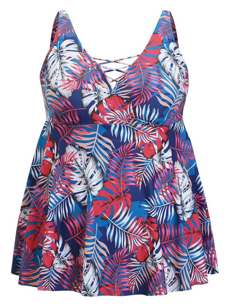 Tropical Print Wrap Ruffles Crisscross Swim Dress