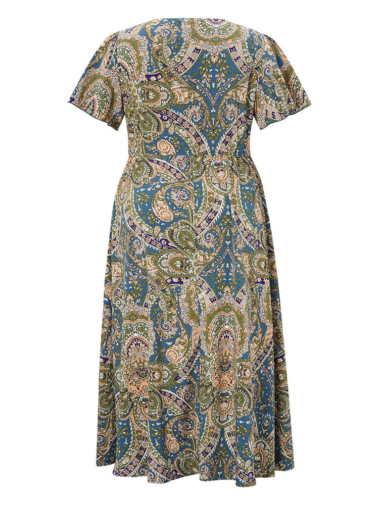 Bandana Print Flutter Sleeve Pocket Surplice Neck Dress