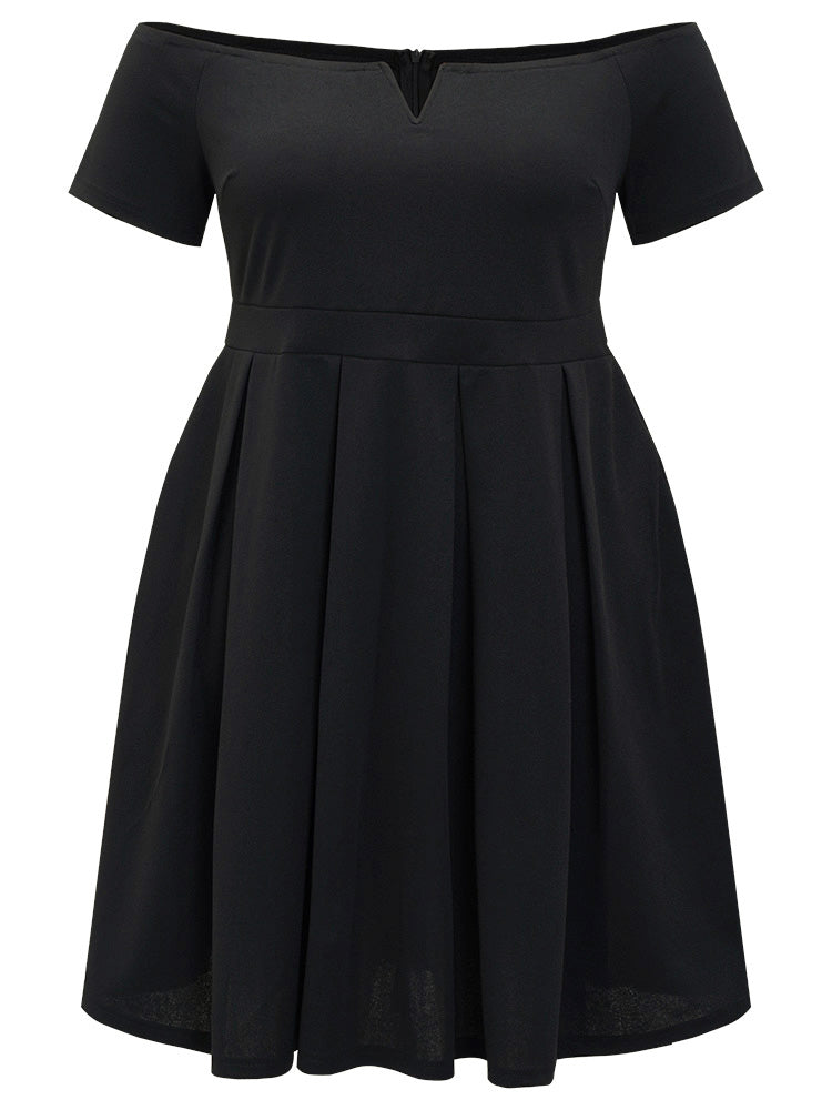 Plain Plicated Detail Pocket Notched Off Shoulder Dress