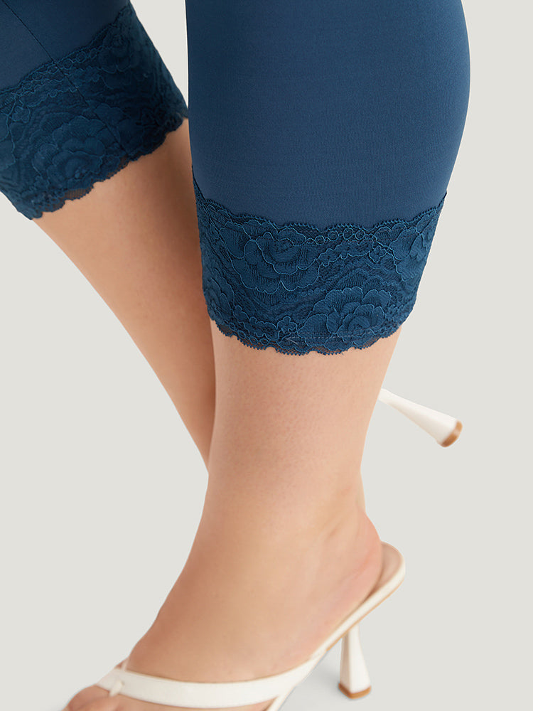 Plain Guipure Lace Wideband Waist Skinny Leggings