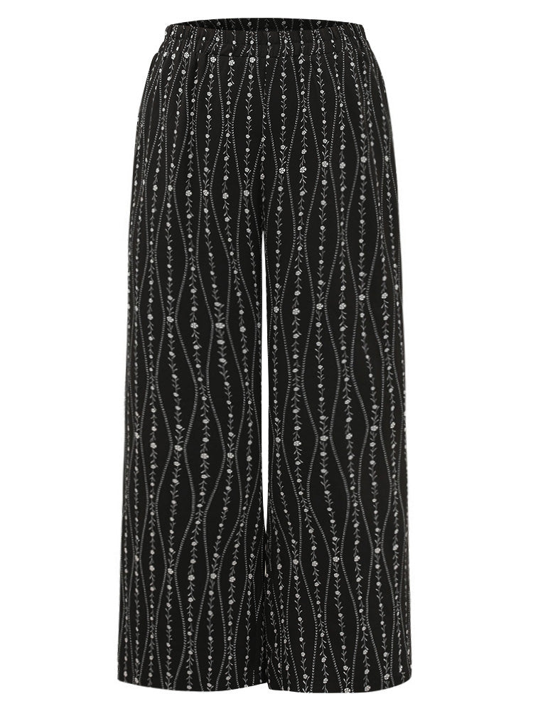 Striped Ditsy Floral Elastic Waist Pants