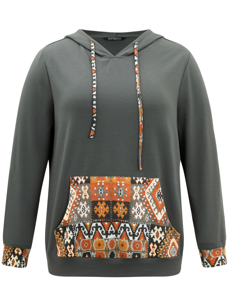 Bandana Patchwork Hooded Pocket Drawstring Sweatshirt