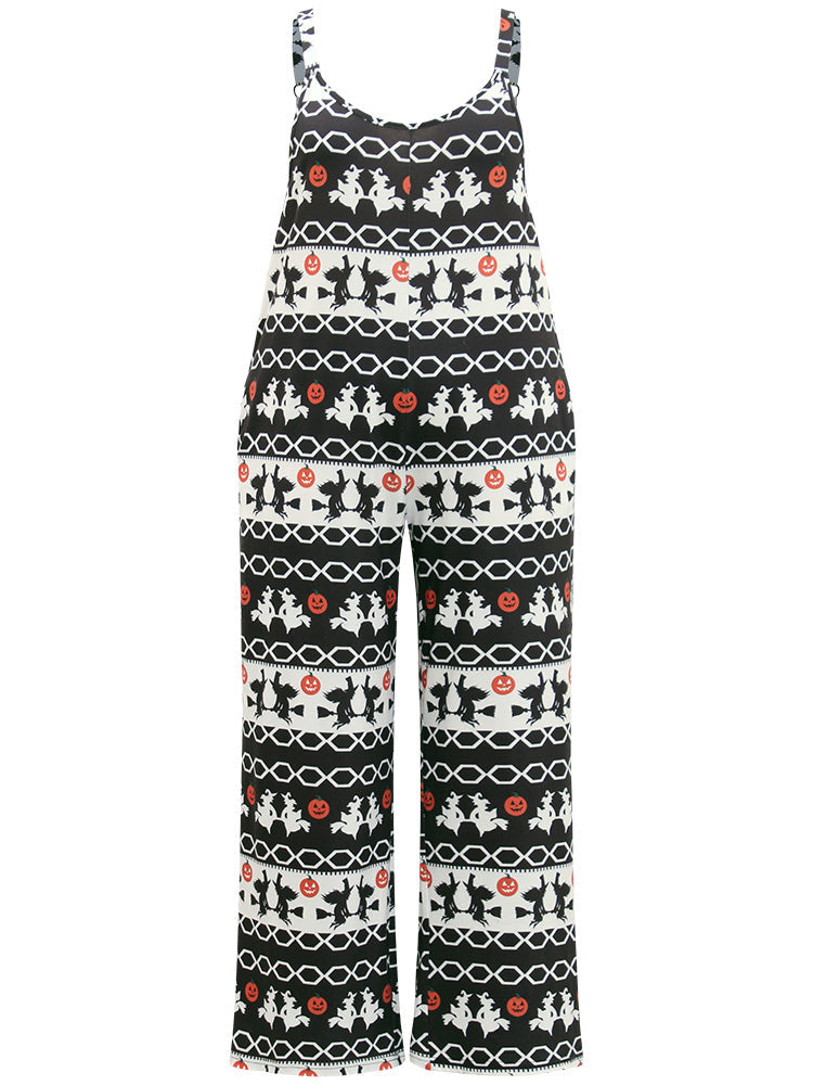 Halloween Witch & Pumpkin Pattern Striped Jumpsuit