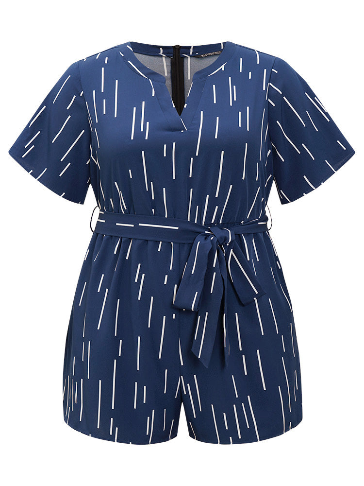 Geometric Print Belt Notched Neck Romper