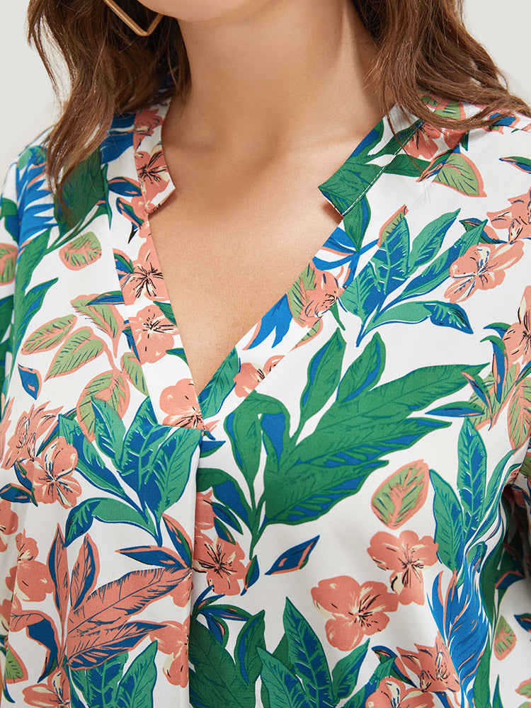Tropical Print V Neck Pleated Blouse