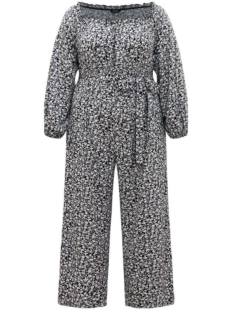 Ditsy Floral Off Shoulder Pocket Belted Jumpsuit