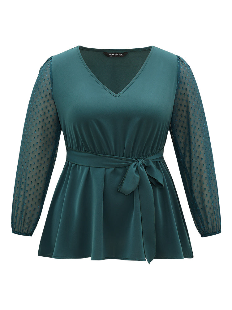 Static-Free Plain Patchwork Mesh Texture Ties Blouse