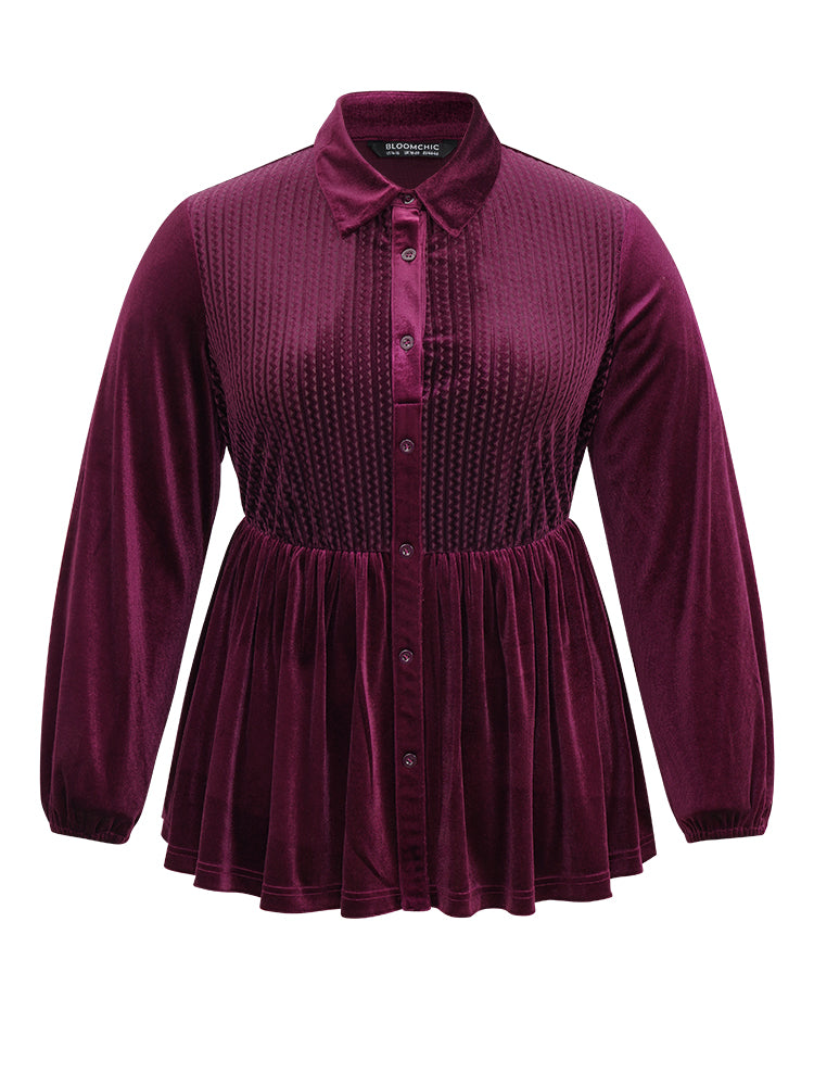 Shirt Collar Button Through Lantern Sleeve Corduroy Blouse