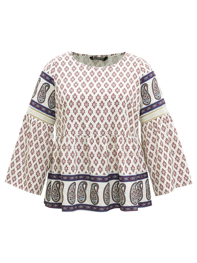 Boho Print Patchwork Lace Crew Neck Flutter Sleeve Blouse