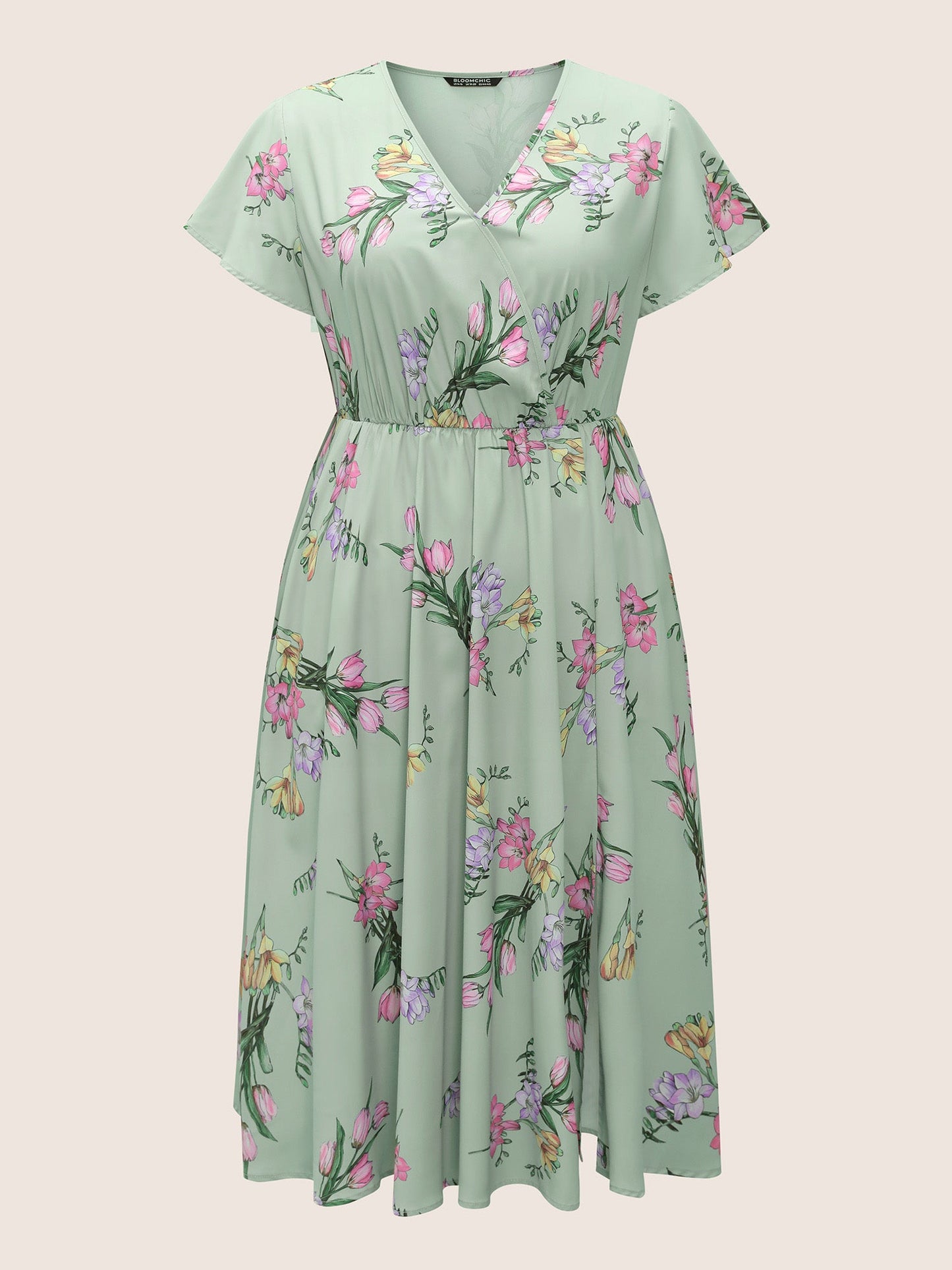 Floral Print Wrap Elastic Waist Split Hem Dress