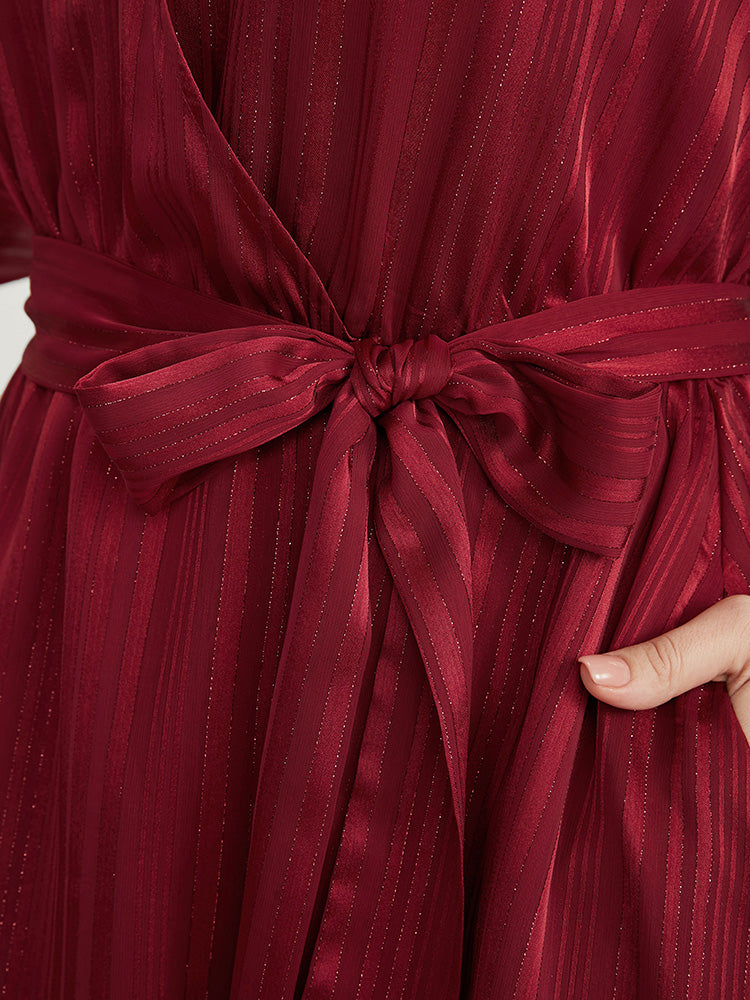 Glitter Striped Surplice Neck Pocket Belted Asymmetrical Hem Dress