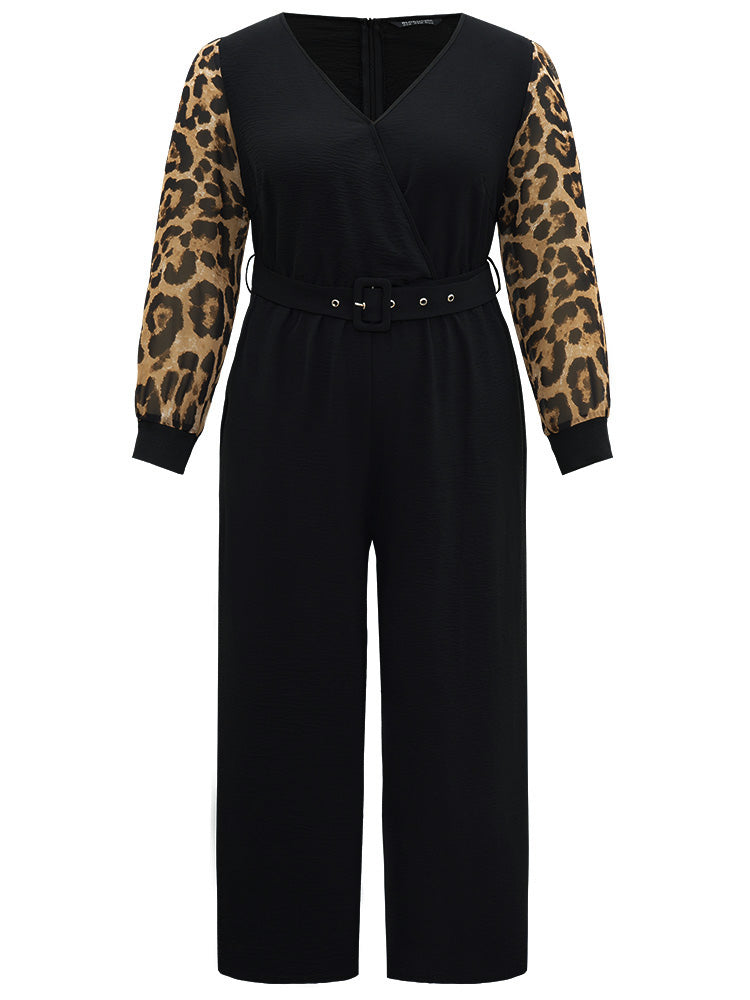 Leopard Patchwork Wrap Buckle Detail Belted Jumpsuit