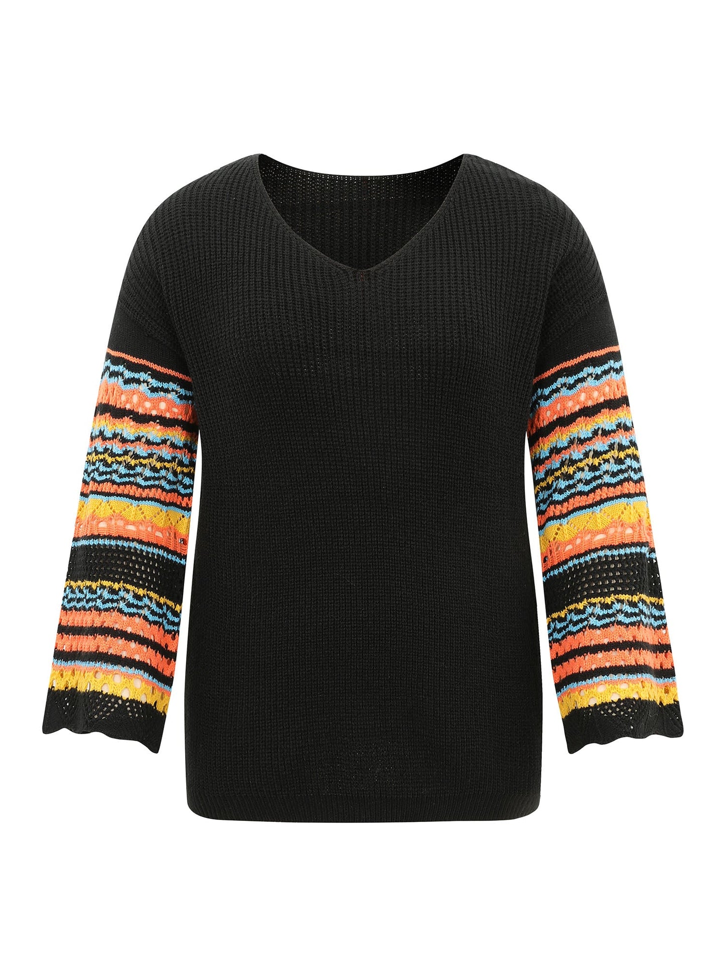 Contrast Striped Hollow Out Bell Sleeve Pullover