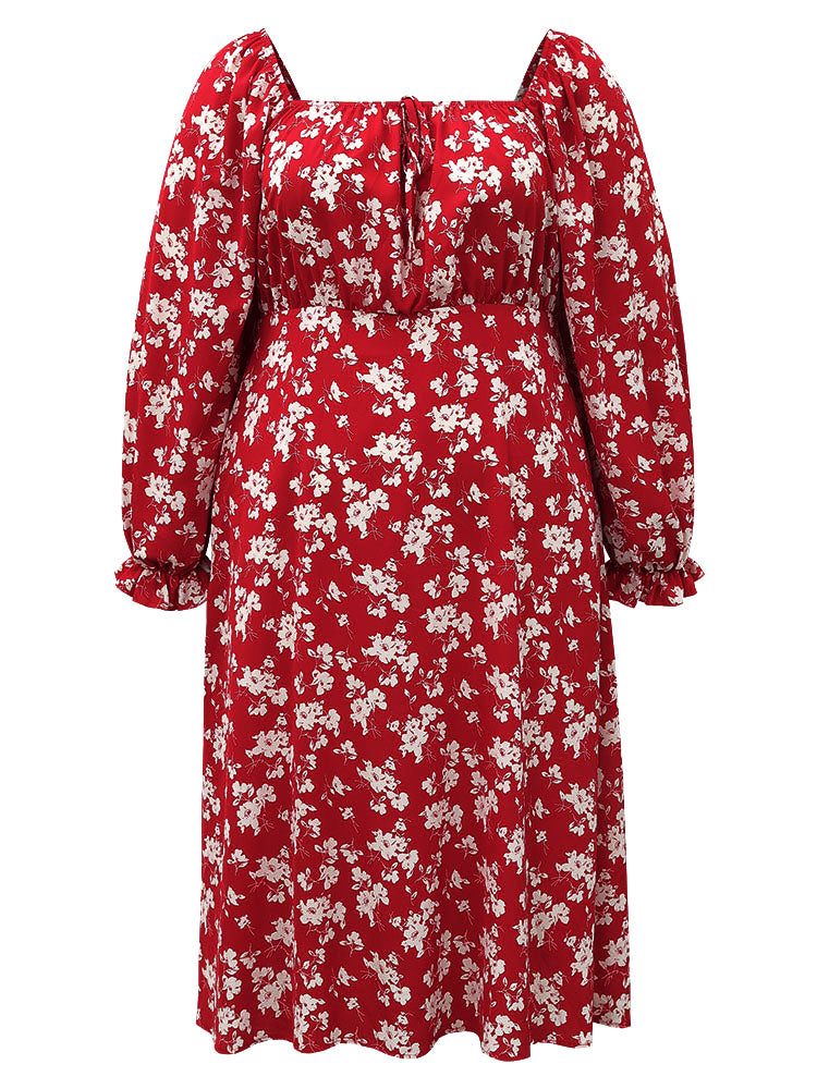 Silhouette Floral Print Ties Lantern Sleeve Dress