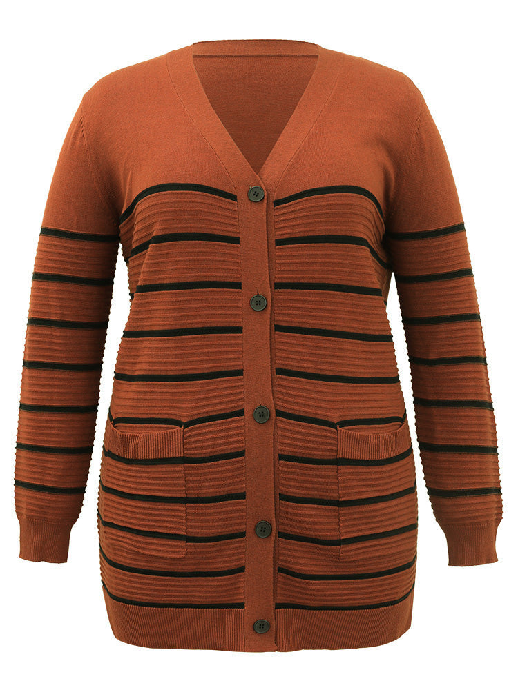 Striped Button Down Patched Pocket Cardigan