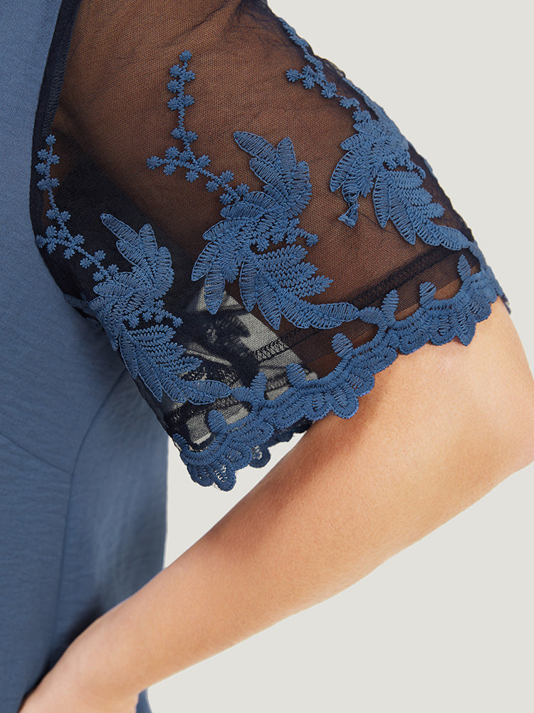 Plain Lace Mesh Sleeve Button Detail Blouse