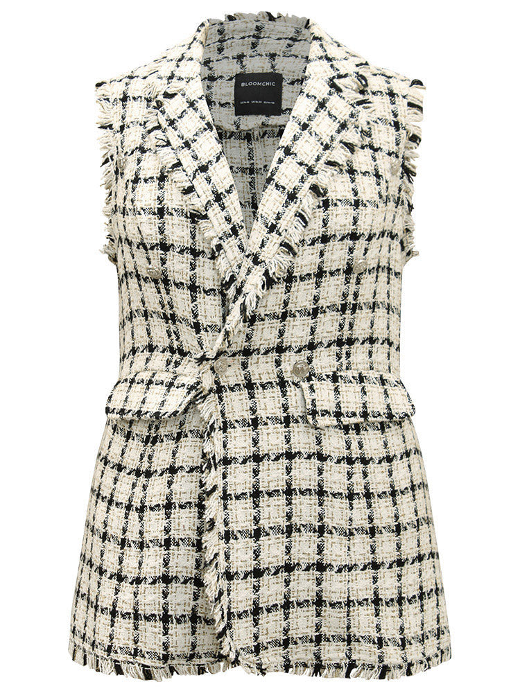 Plaid Sleeveless Flap Pocket Button Up Blazer