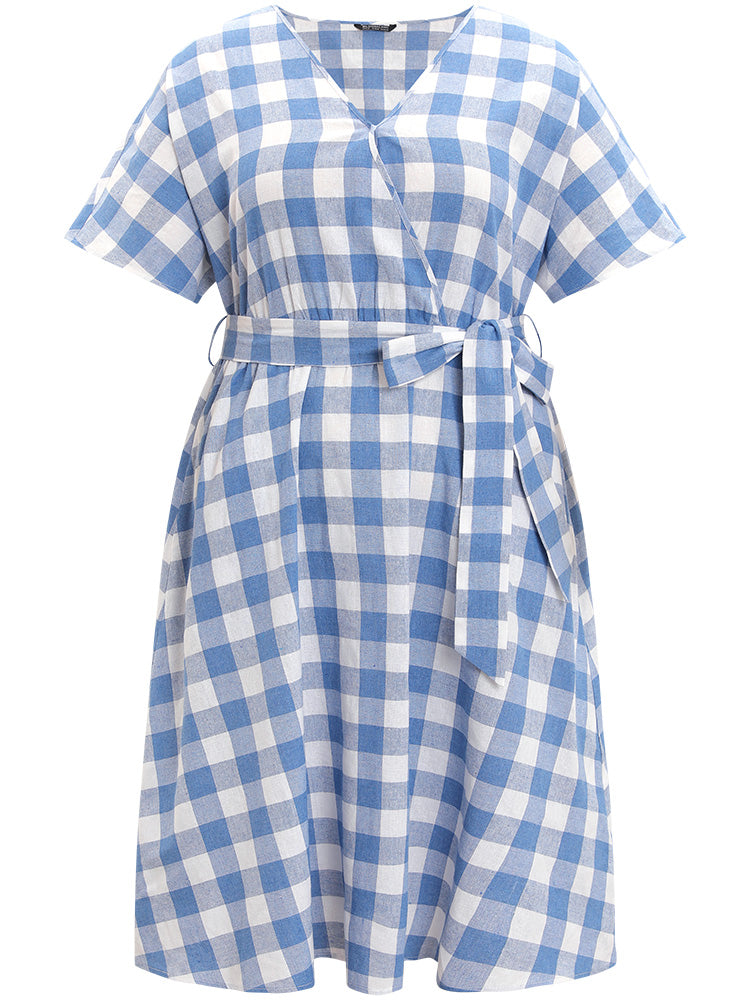 Colour Plaid Belted Surplice Neck Ruffles Dress