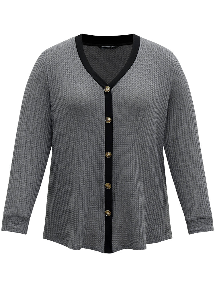 Waffle Knit Button Detail Contrast Trim T-shirt