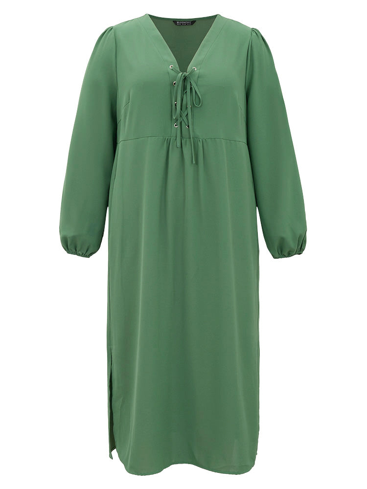 Plain Lace Up Split Hem Lantern Sleeve Dress